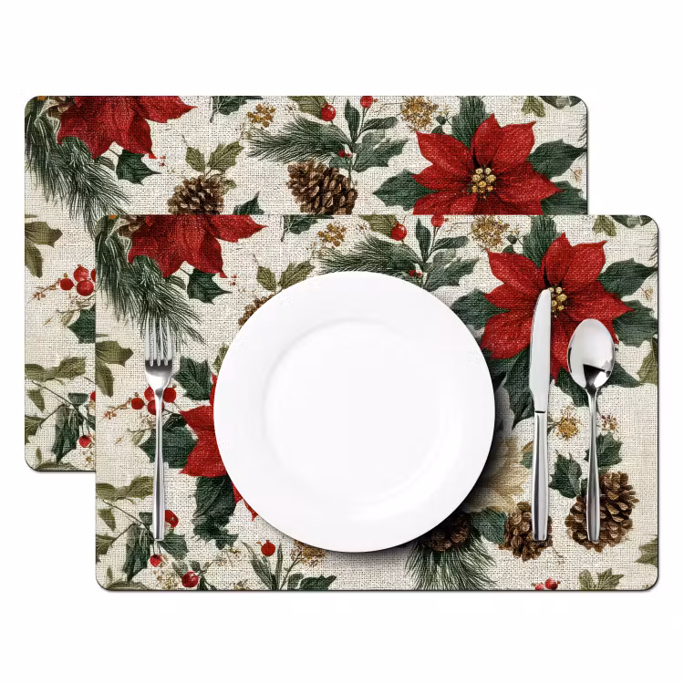 Placemat - 6 stuks - Feestelijk - Textielpatroon - Kerstbloemen - Kleurrijk — 2