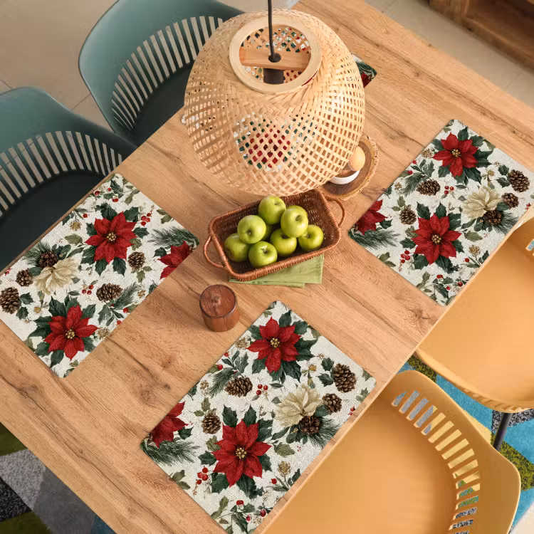 Placemat - 6 stuks - Feestelijk - Textielpatroon - Kerstbloemen - Kleurrijk — 6