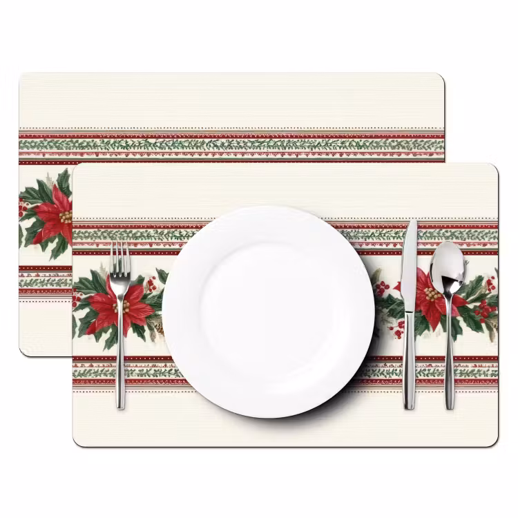 Placemat - 6 stuks - Kerststrook - Poinsettia - Rood - Groen — 2