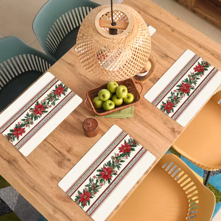 Placemat - 6 stuks - Kerststrook - Poinsettia - Rood - Groen — 6