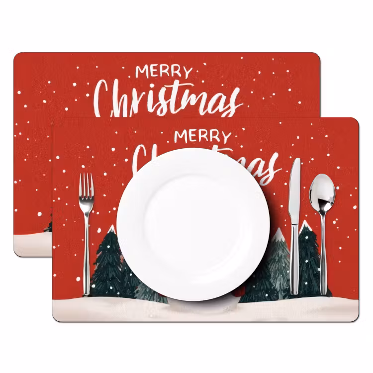 Placemat - 6 stuks - Kerstgroet - Sneeuw - Rood — 2