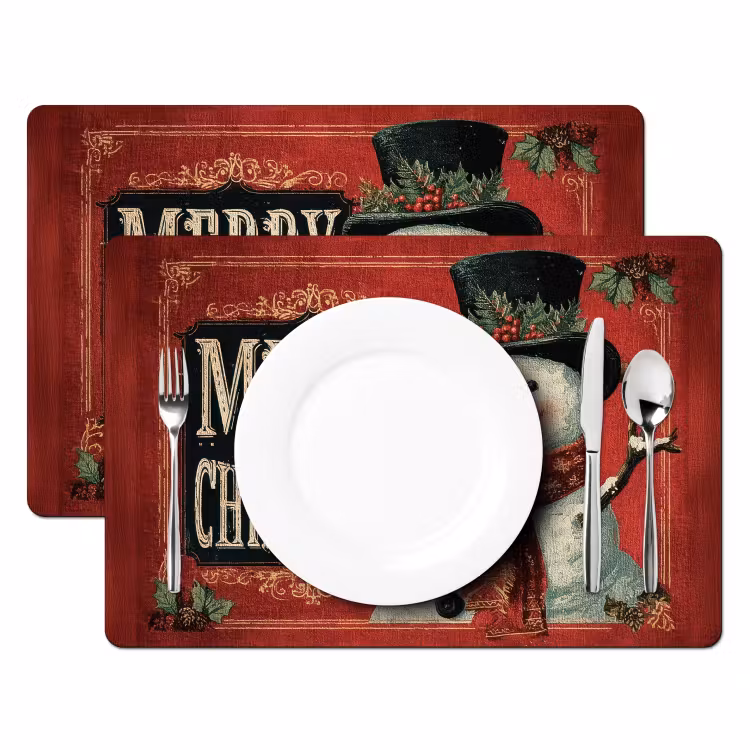 Placemat - 6 stuks - Klassiek - Kerstgroet - Sneeuwpop - Rood — 2