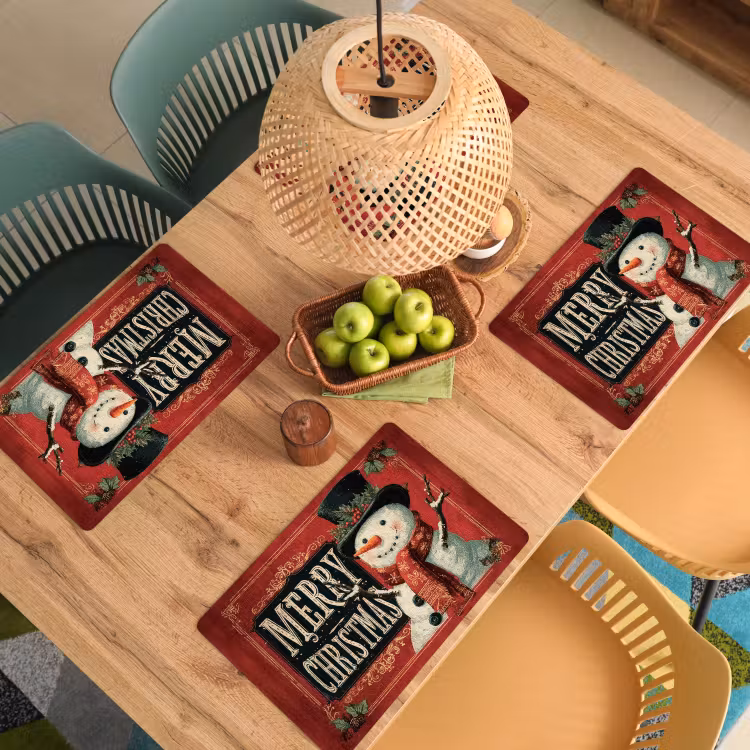 Placemat - 6 stuks - Klassiek - Kerstgroet - Sneeuwpop - Rood — 6