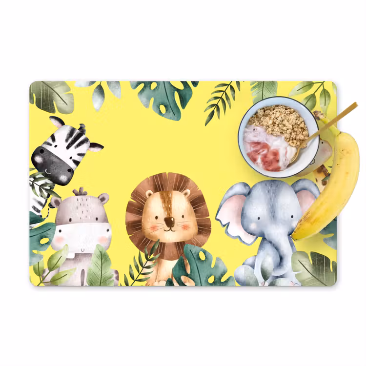 Placemat - 6 stuks - Dieren - Bladeren - Kind - Geel - Watercolor — 1