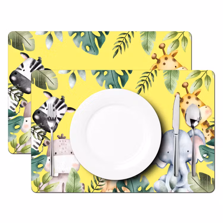 Placemat - 6 stuks - Dieren - Bladeren - Kind - Geel - Watercolor — 2