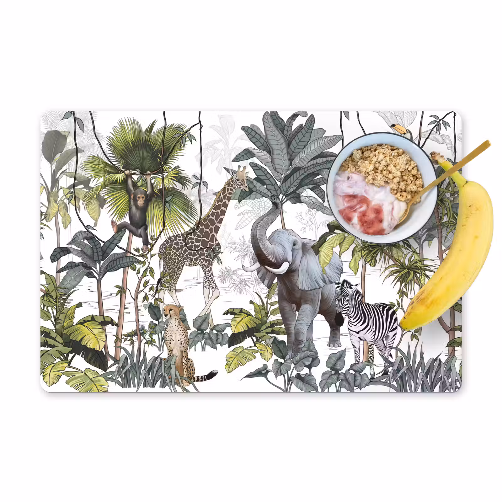 Placemat - 6 stuks - Jungle - Kinderen - Wilde dieren - Vintage - Wit — 1