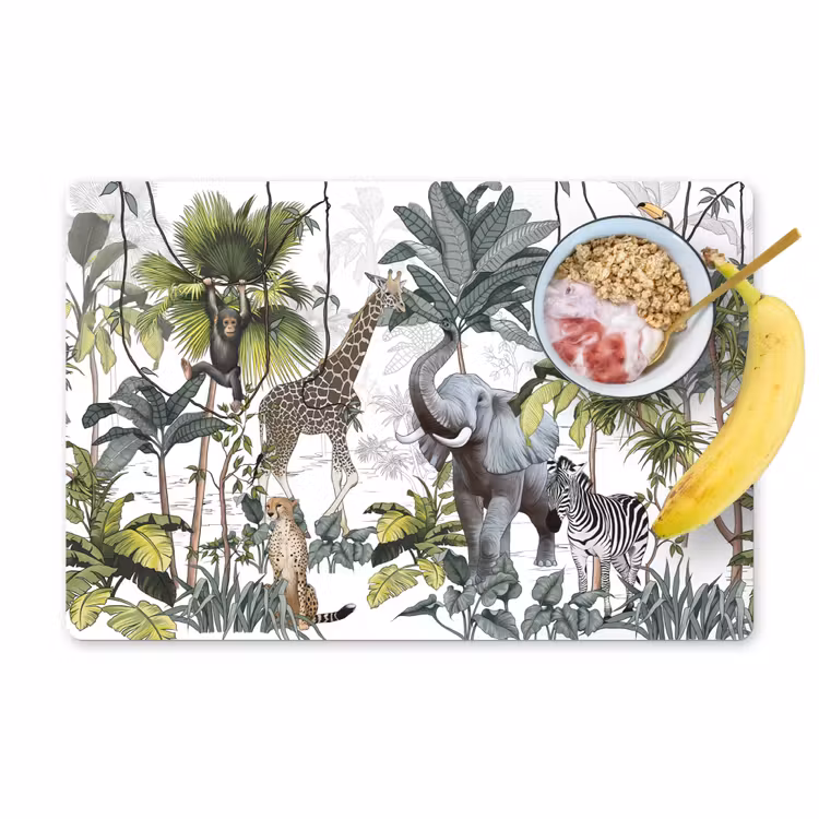 Placemat - 6 stuks - Jungle - Kinderen - Wilde dieren - Vintage - Wit — 1