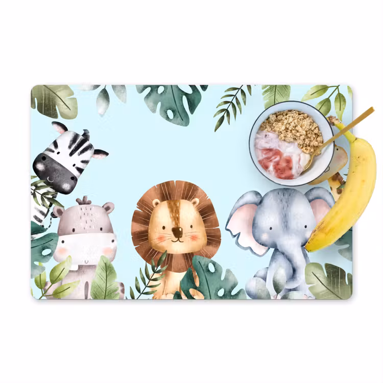Placemat - 6 stuks - Wilde dieren - Kinderen - Blauw - Watercolor - Bladeren — 1
