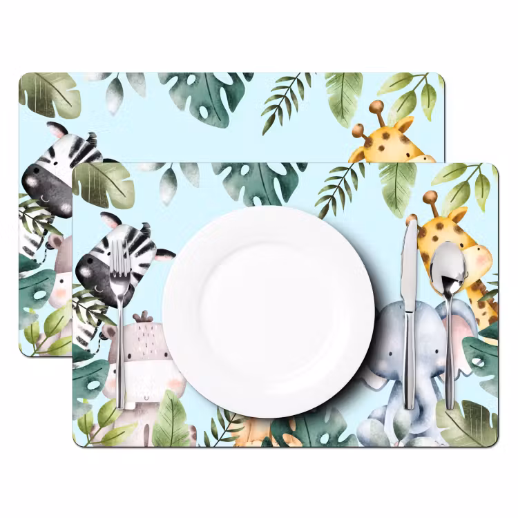 Placemat - 6 stuks - Wilde dieren - Kinderen - Blauw - Watercolor - Bladeren — 2