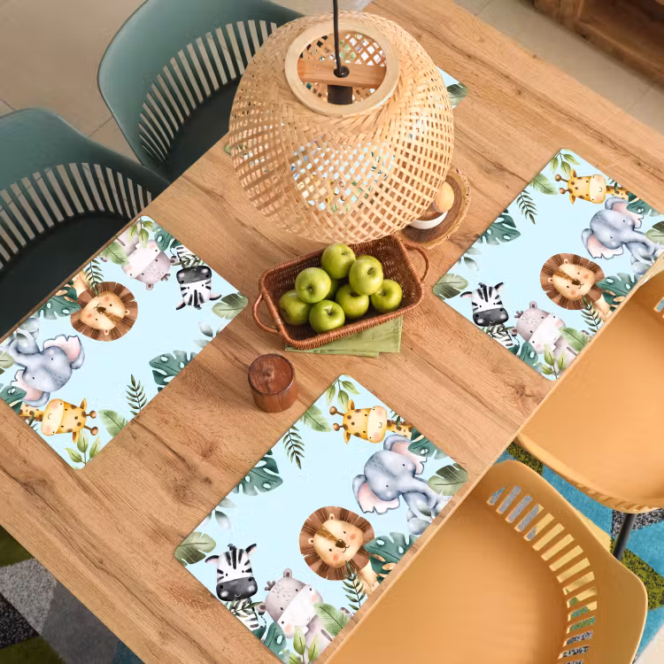 Placemat - 6 stuks - Wilde dieren - Kinderen - Blauw - Watercolor - Bladeren — 6