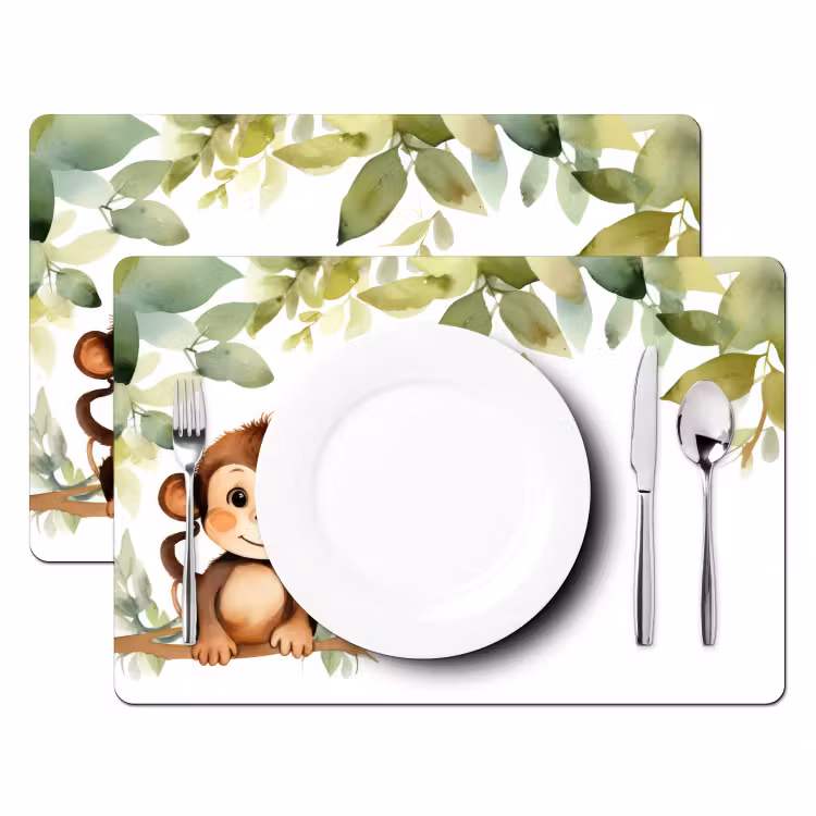 Placemat - 6 stuks - Aap - Watercolor - Bladeren - Kind - Dieren — 2