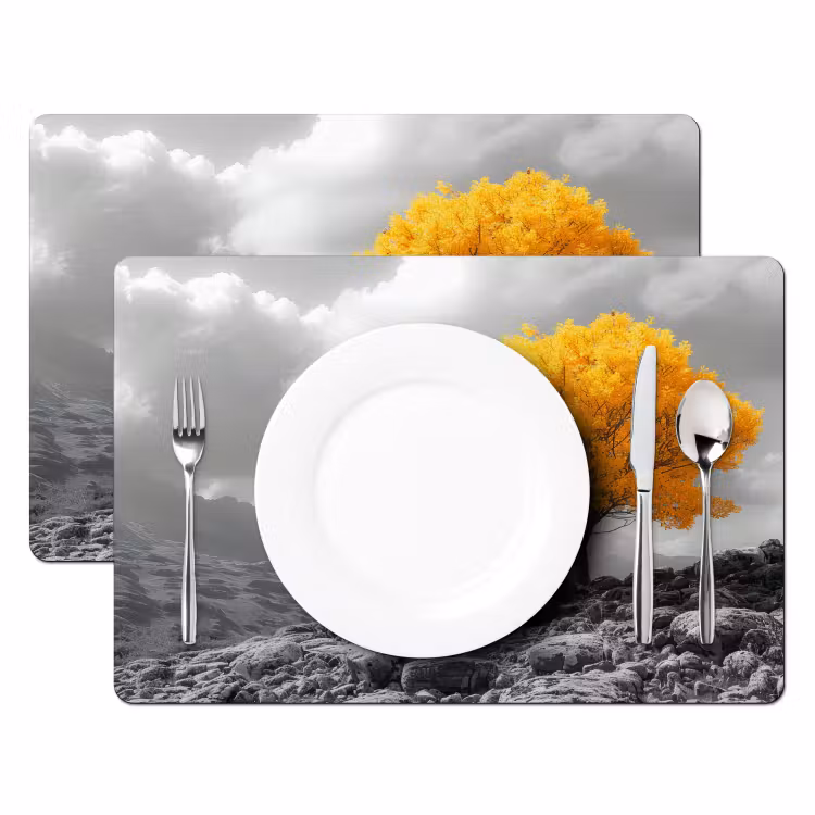 Placemat - 6 stuks - Boom - Geel - Natuur - Zwart wit — 2