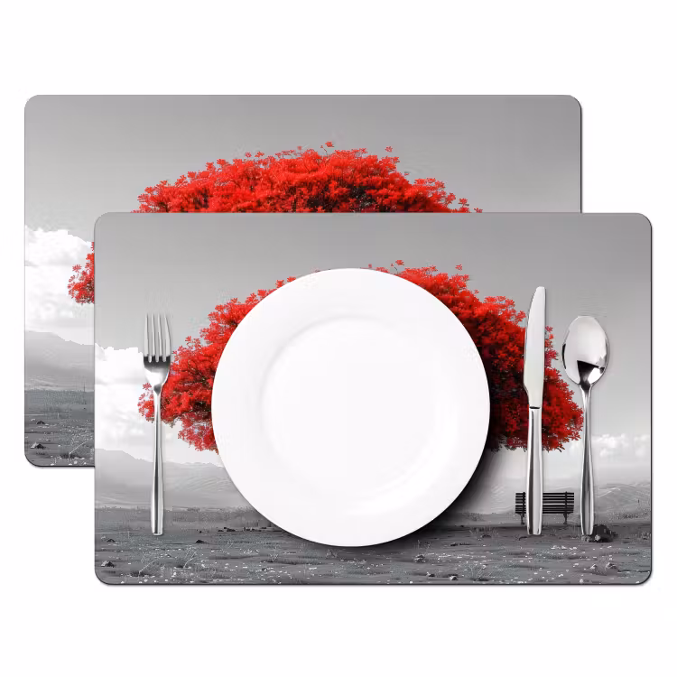 Placemat - 6 stuks - Boom - Rood - Natuur - Zwart wit — 2