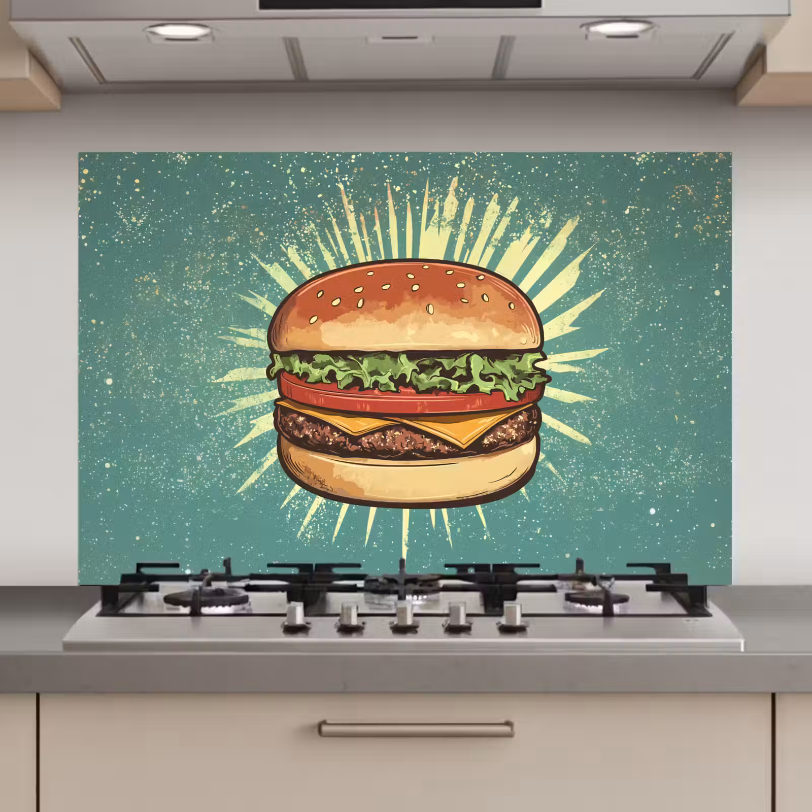 Spatscherm keuken - Hamburger - Illustratie - Sla - Kaas — 1