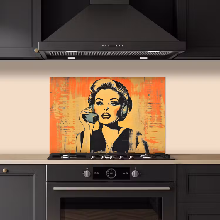 Spatscherm keuken - Retro - Vrouw - Koptelefoon - Oranje — 2