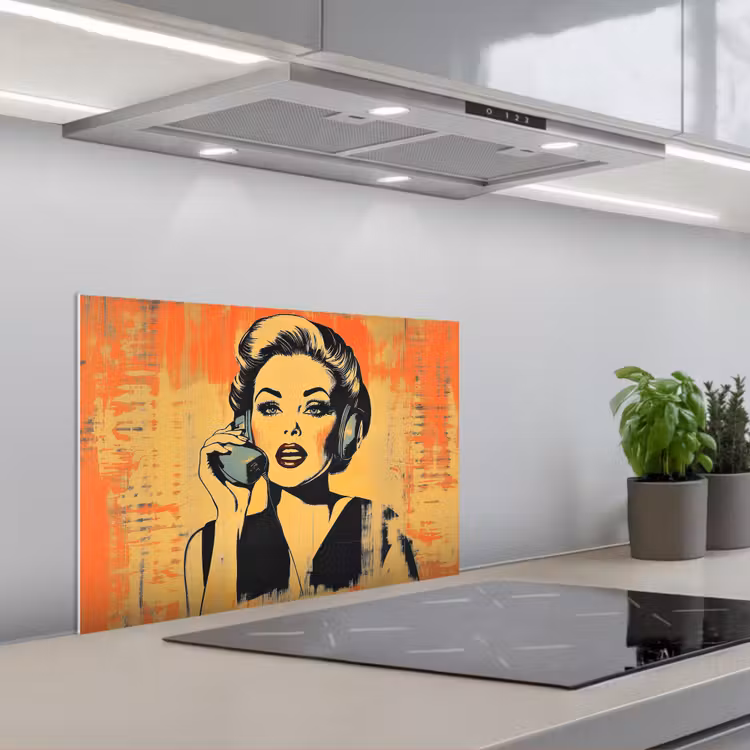 Spatscherm keuken - Retro - Vrouw - Koptelefoon - Oranje — 5