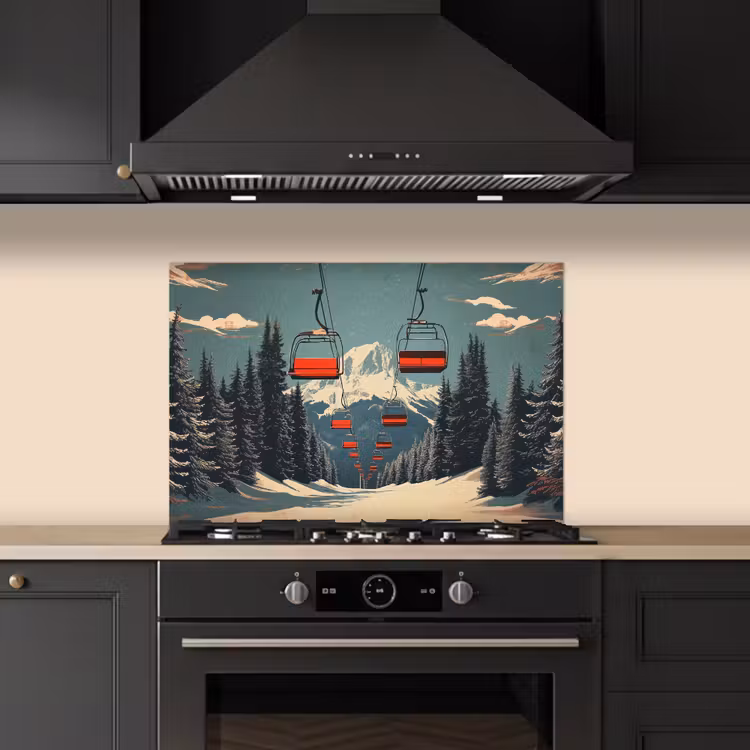 Spatscherm keuken - Sneeuw - Skilift - Rood - Bomen — 2