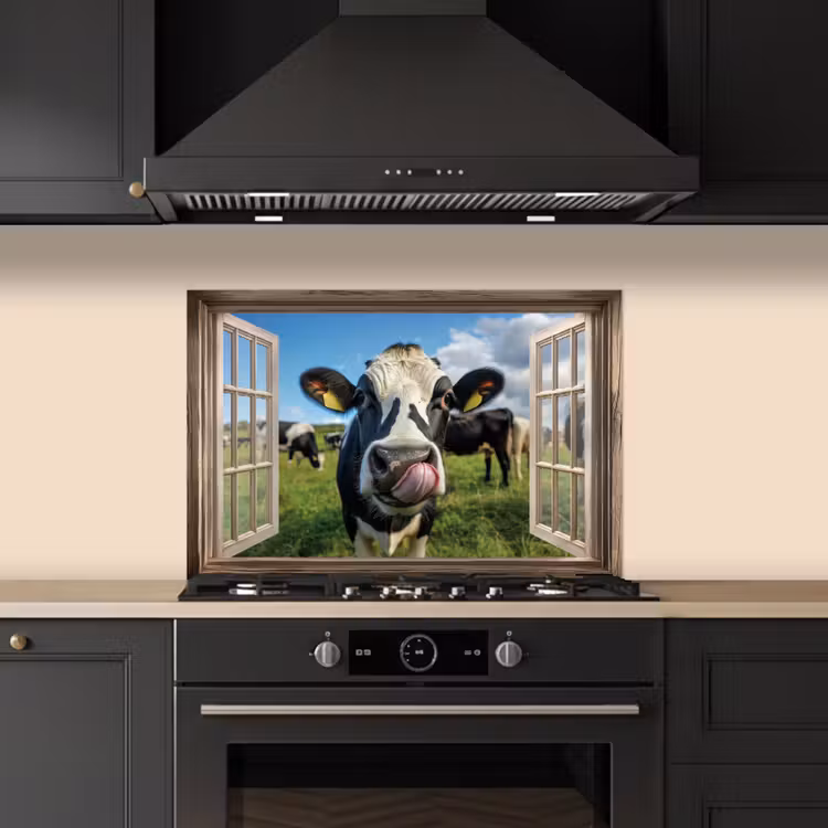 Spatscherm keuken - Doorkijk - Koe - Weiland - Dieren - Natuur — 2