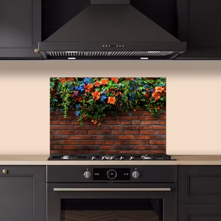 Spatscherm keuken - Bloemen - Muur - Groen - Oranje — 1