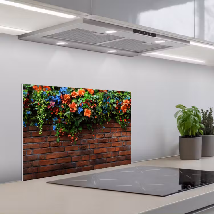 Spatscherm keuken - Bloemen - Muur - Groen - Oranje — 4