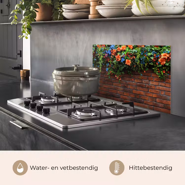 Spatscherm keuken - Bloemen - Muur - Groen - Oranje — 6