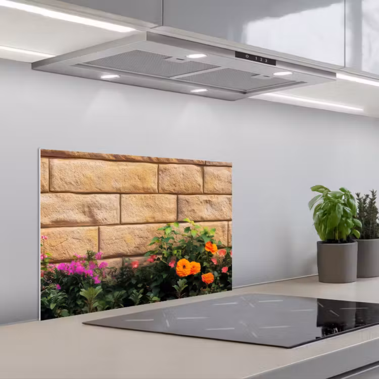 Spatscherm keuken - Bloemen - Bakstenen - Kleurrijk — 4