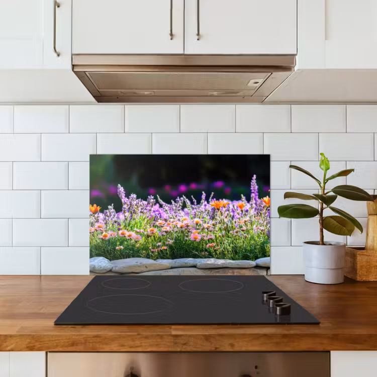 Spatscherm keuken - Bloemen - Steenrand - Kleurrijk — 5