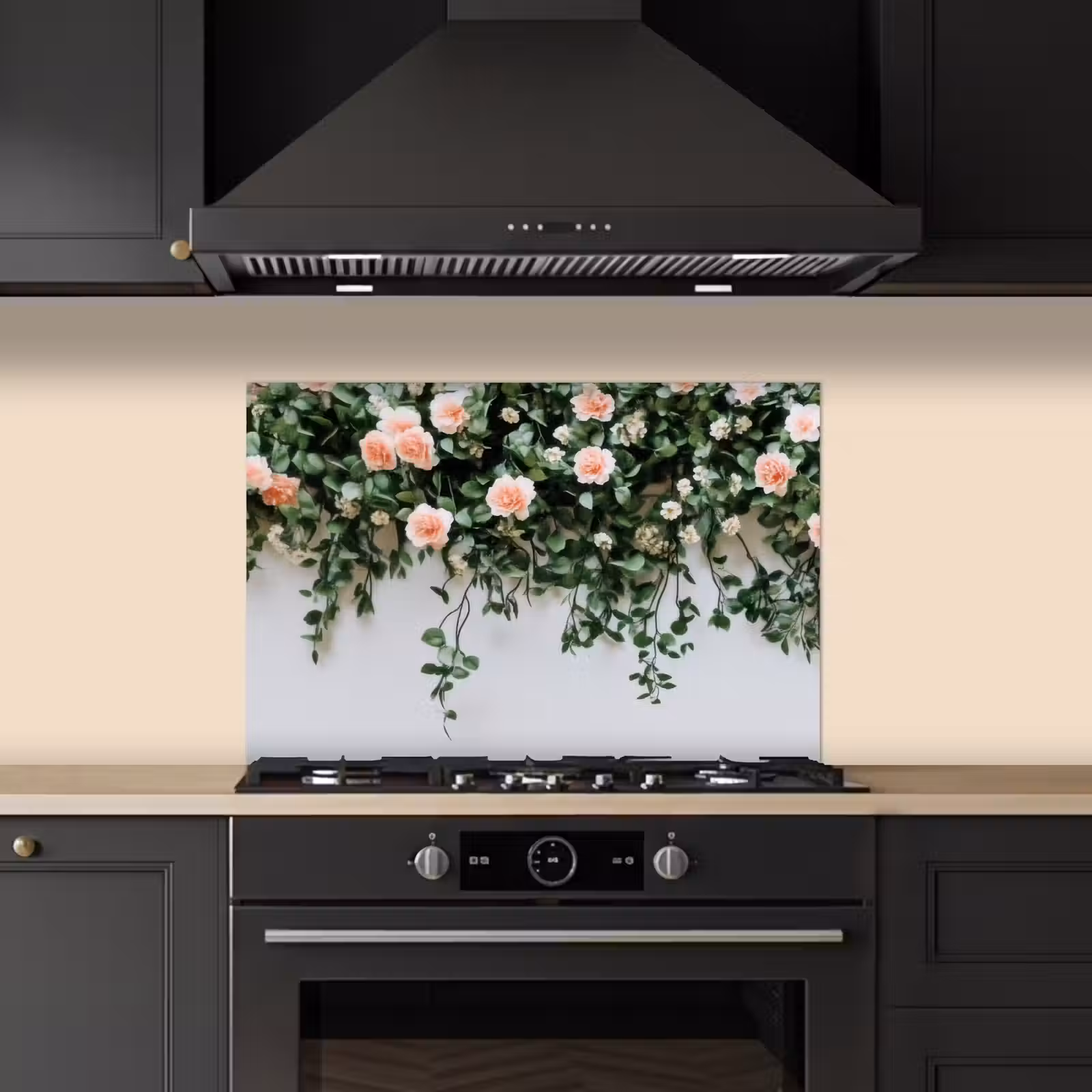 Spatscherm keuken - Bloemen - Muur - Rozen - Groen — 1