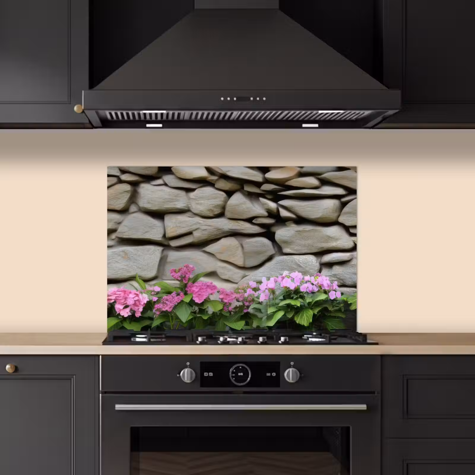 Spatscherm keuken - Hortensia’s - Stenen - Muur - Bloemen — 1