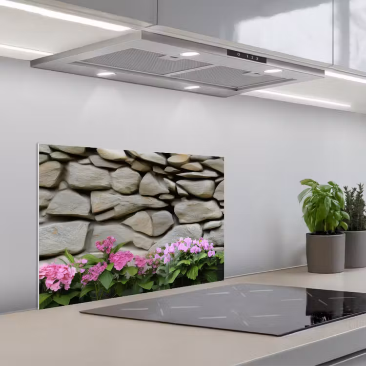 Spatscherm keuken - Hortensia’s - Stenen - Muur - Bloemen — 4