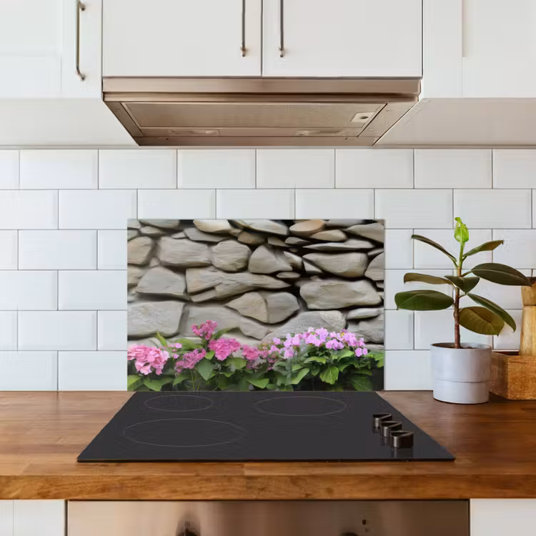 Spatscherm keuken - Hortensia’s - Stenen - Muur - Bloemen — 5