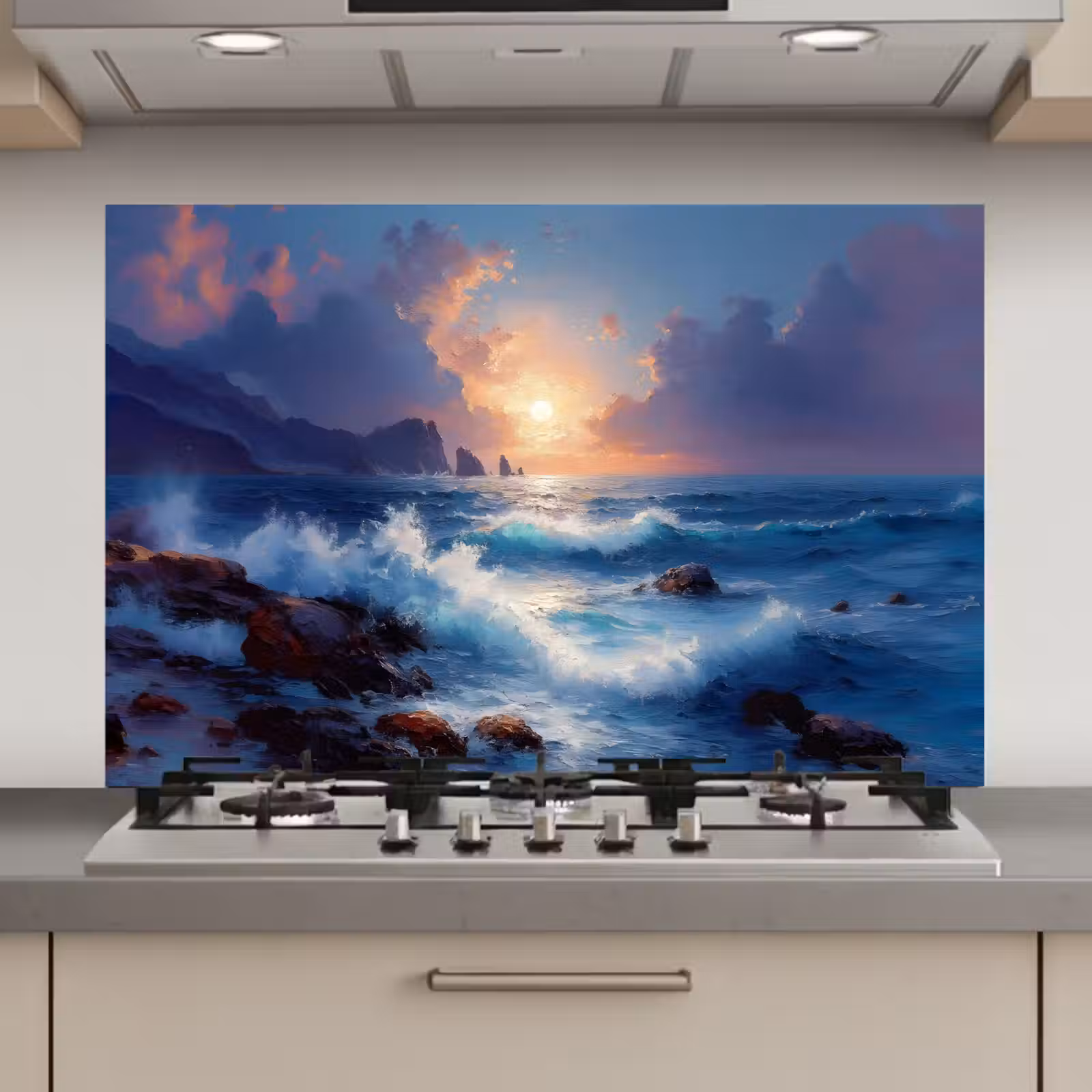 Spatscherm keuken - Golven - Zee - Kleurrijk - Rotsen — 1