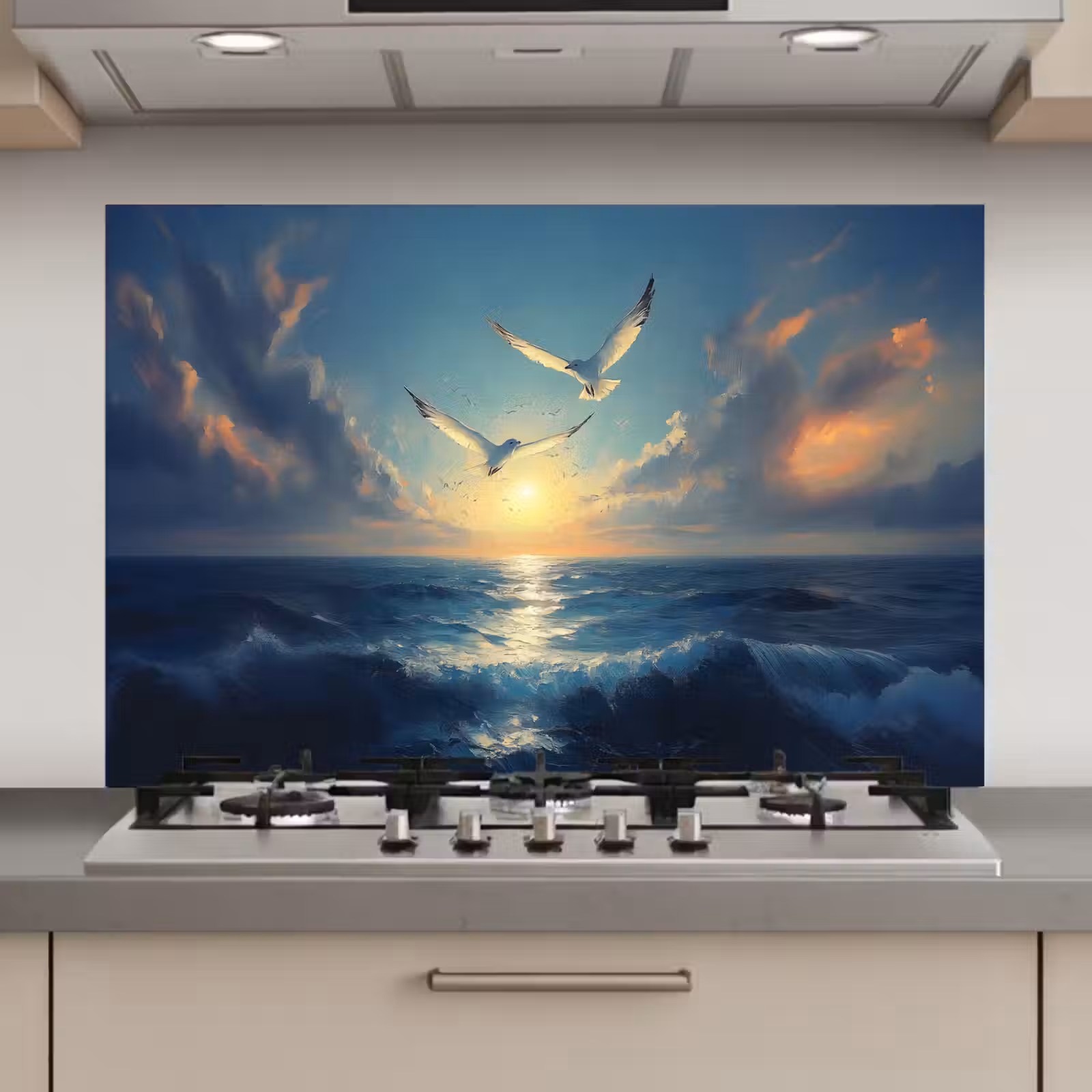 Spatscherm keuken - Meeuwen - Zee - Wolken -Blauw — 1