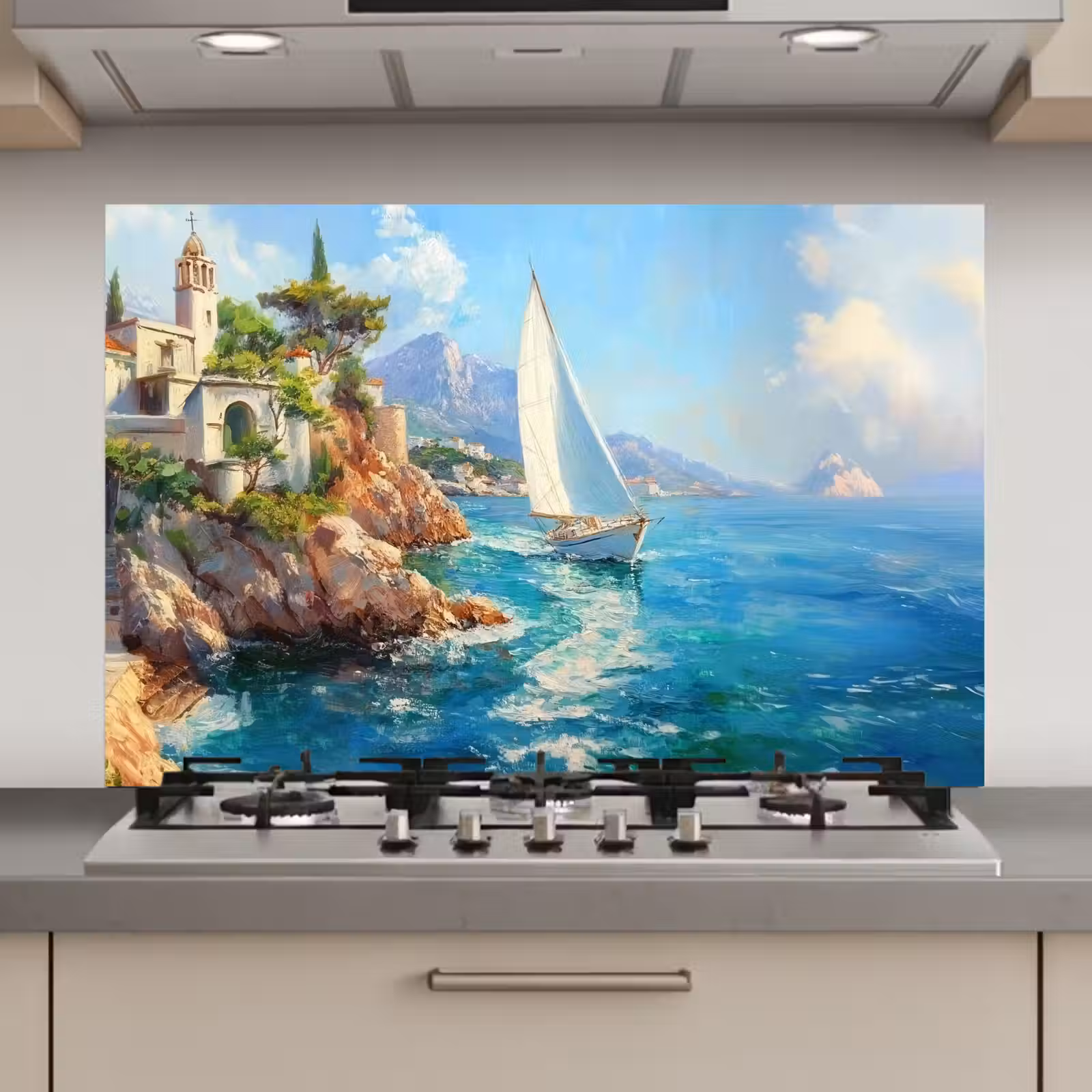 Spatscherm keuken - Zeilboot - Rotsen - Kust - Huizen — 1