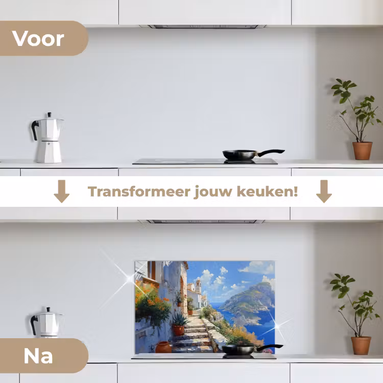 Spatscherm keuken - Trap - Huizen - Berglandschap - Zee — 3