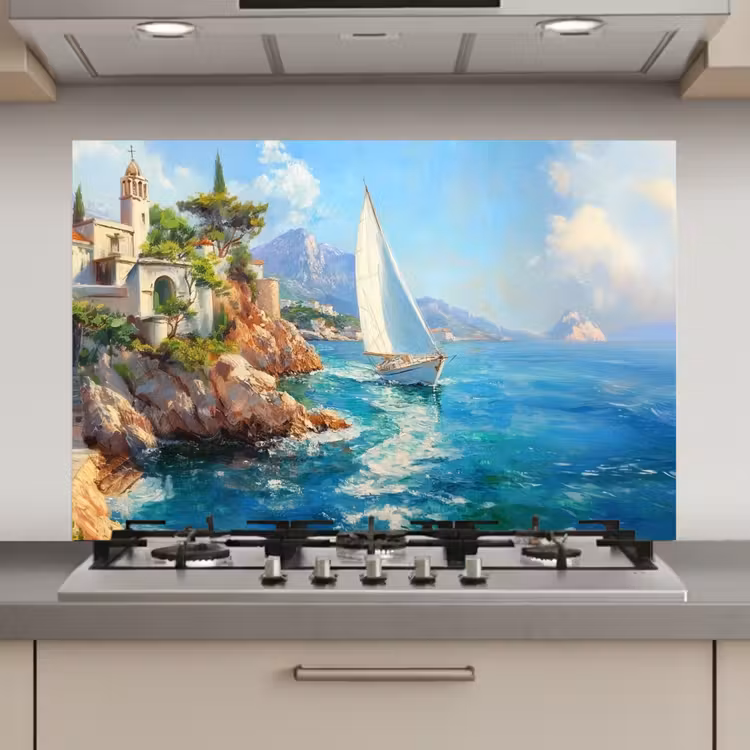 Spatscherm keuken - Zeilboot - Rotsen - Kust - Huizen — 1