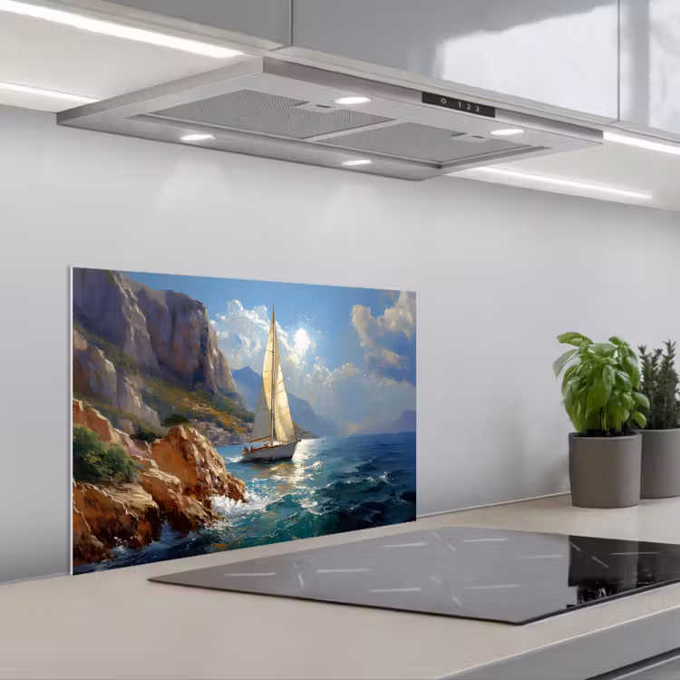 Spatscherm keuken - Zeilschip - Zee - Rotsen - Wolken — 5