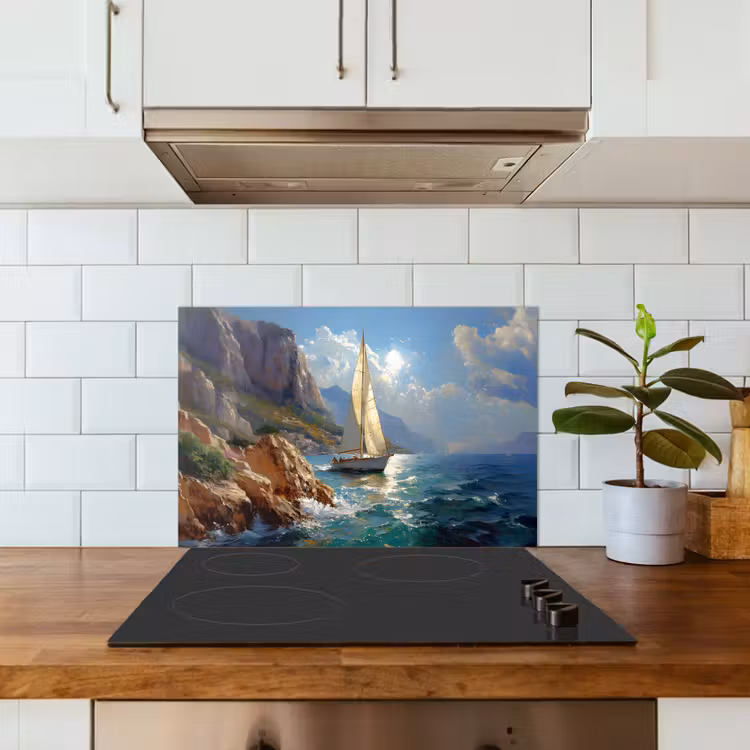 Spatscherm keuken - Zeilschip - Zee - Rotsen - Wolken — 6