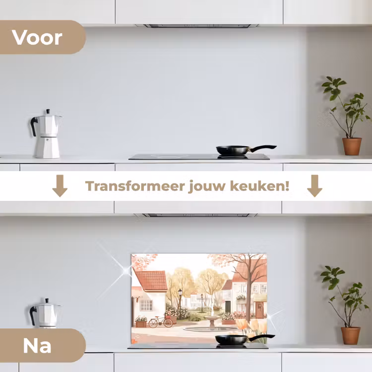 Spatscherm keuken - Dorpsplein - Fontein - Tulpen — 3
