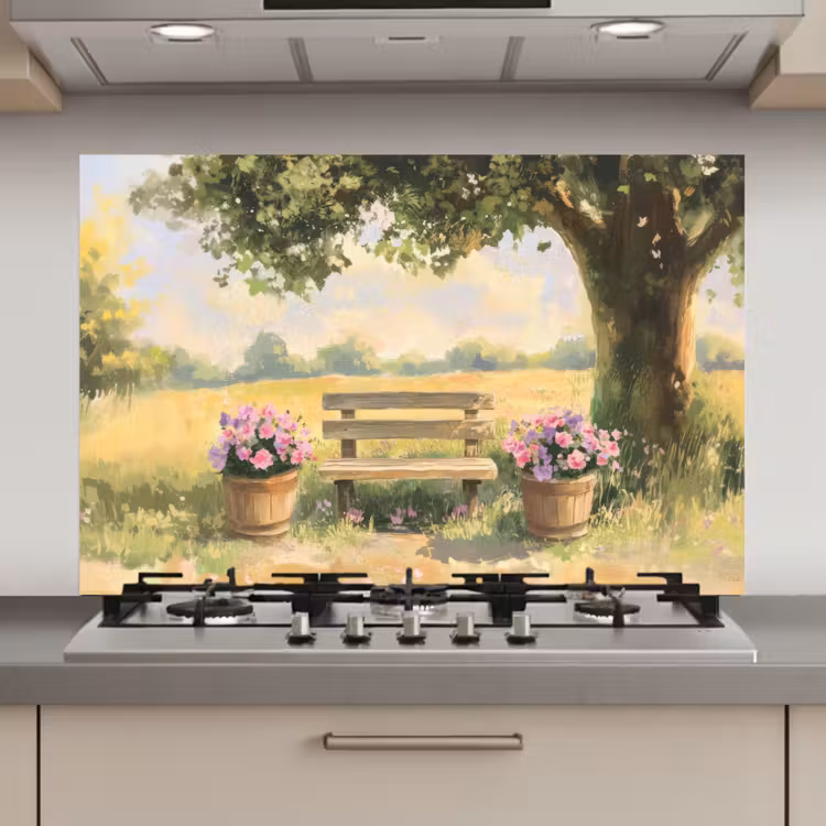 Spatscherm keuken - Houten bankje - Bloempotten - Landschap — 1