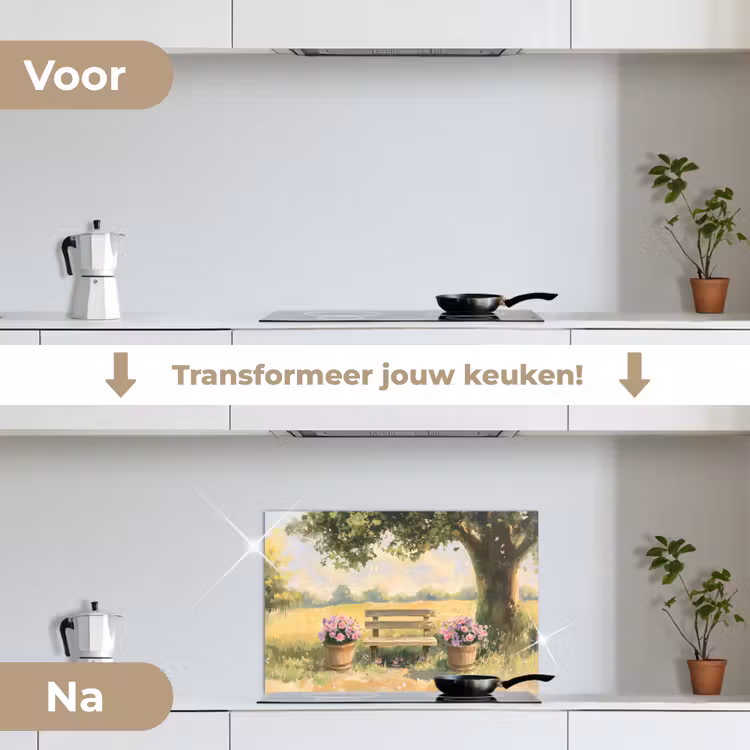 Spatscherm keuken - Houten bankje - Bloempotten - Landschap — 3