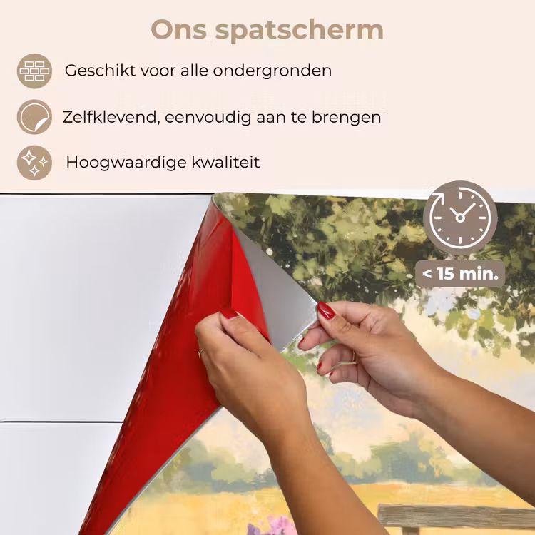 Spatscherm keuken - Houten bankje - Bloempotten - Landschap — 4