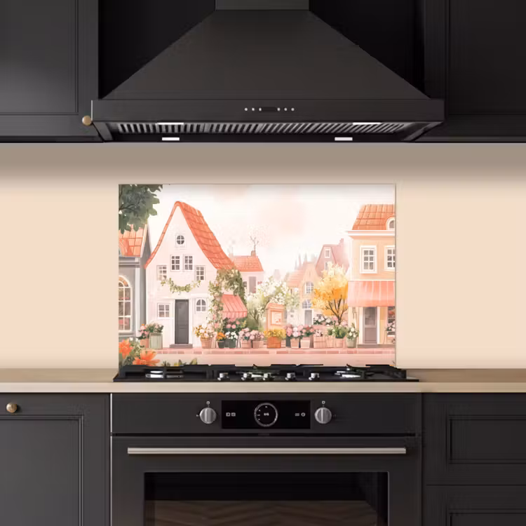Spatscherm keuken - Bloemen - Huizen - Dorp — 2
