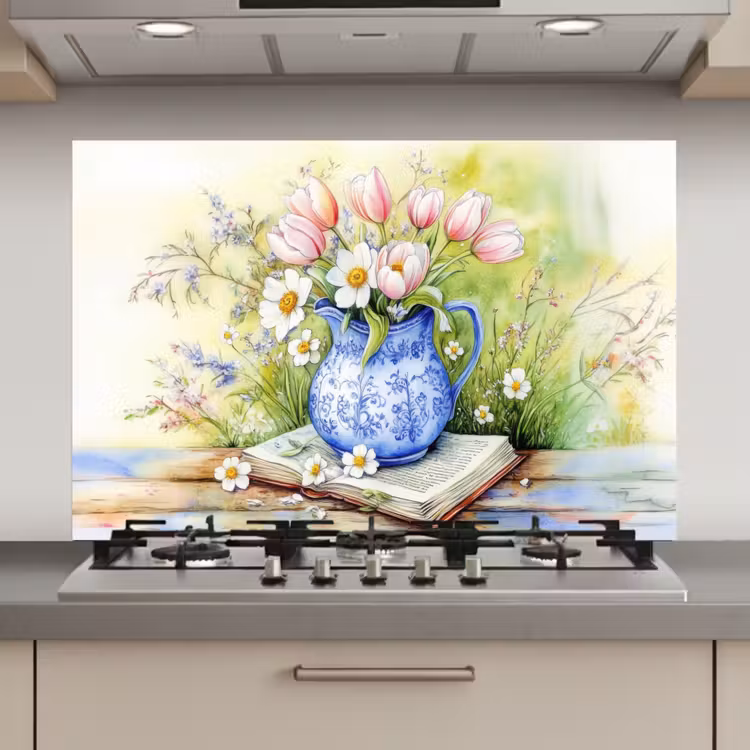 Spatscherm keuken - Vaas - Delftsblauw - Madeliefjes — 1