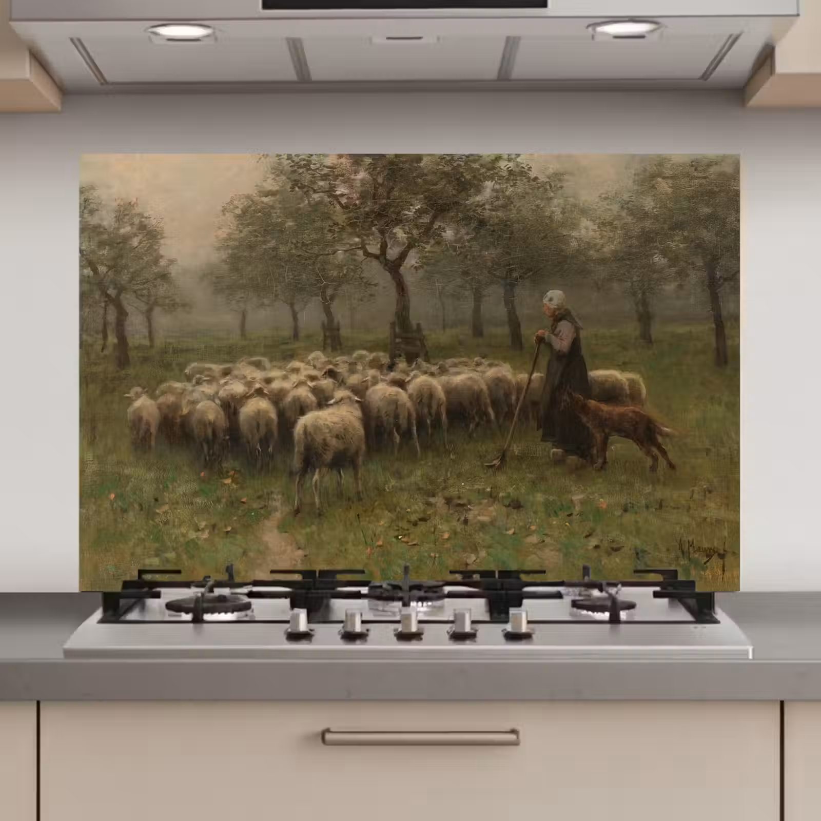 Spatscherm keuken - Herderin met kudde schapen - Schilderij van Anton Mauve — 1
