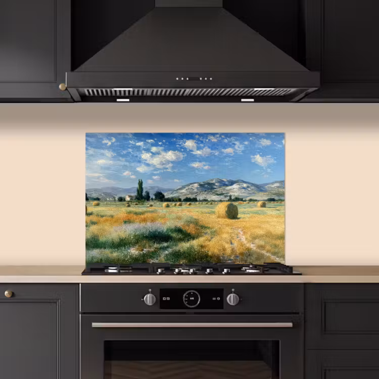 Spatscherm keuken - Landschap - Strobalen - Bergen - Wolken — 2