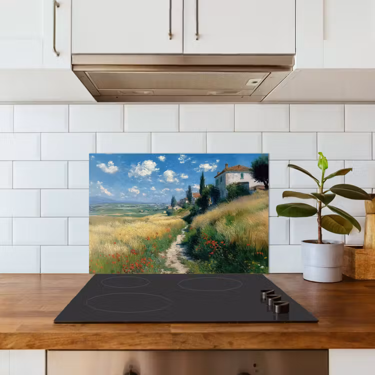 Spatscherm keuken - Zandpad - Huis - Bomen - Grasveld — 6