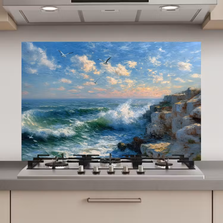 Spatscherm keuken - Zee - Golven - Rotsen - Meeuwen — 1