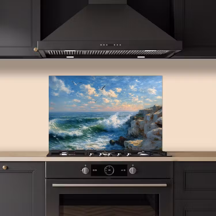 Spatscherm keuken - Zee - Golven - Rotsen - Meeuwen — 2