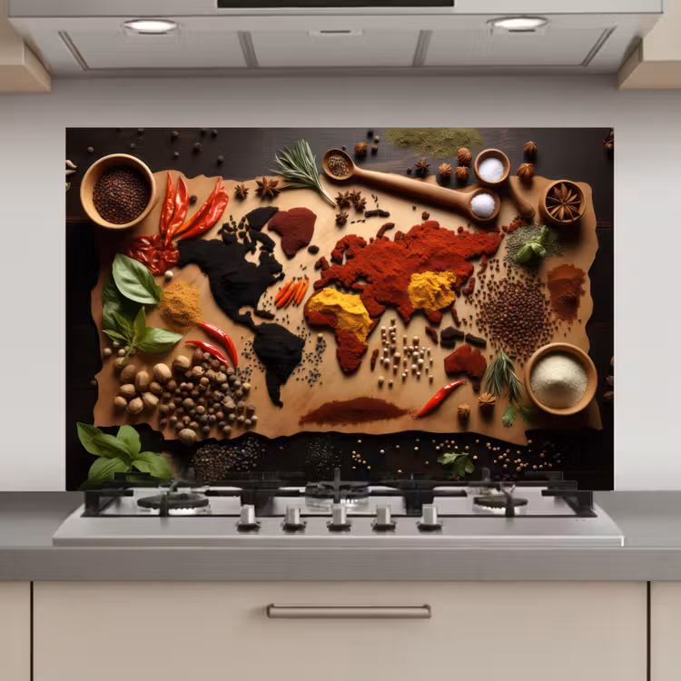 Spatscherm keuken - Wereldkaart van Kruiden — 1